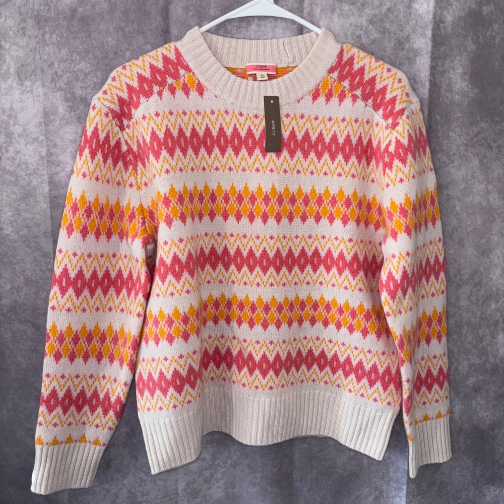 J.Crew Womens Small Pink Orange Fair Isle 100% Cashmere Crewneck Sweater NWT